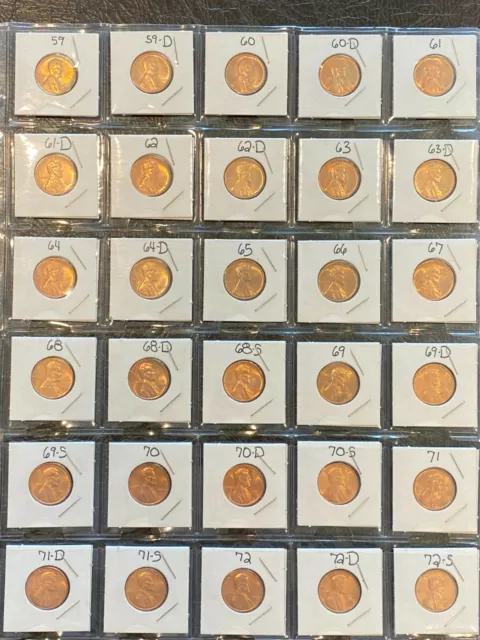 Complete Red choice/gem BU Memorial cent set 1959-1972 30 coins!