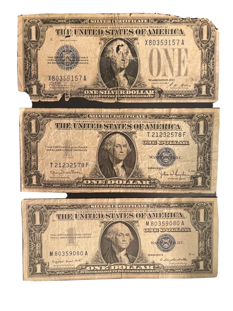 1928 A  $1 SILVER CERTIFICATE FUNNY BACK, BLUE SEAL 1935-D And 1957-A Banknote