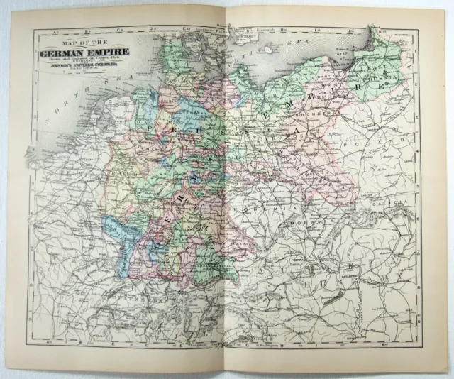 Germany - Original 1895 Copper-Plate Map by A. J. Johnson. Antique