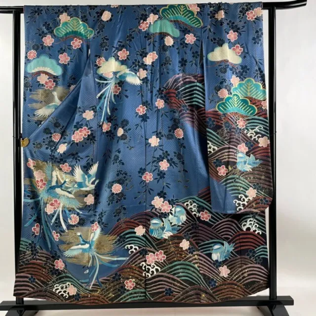 Woman Japanese Kimono Furisode Silk Bird Flower Gold Foil Blue Gray