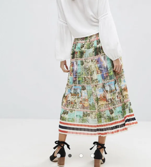 ASOS Womens Pleated Midi Skirt Size 2 Postcard Print Chiffon High Waist 2