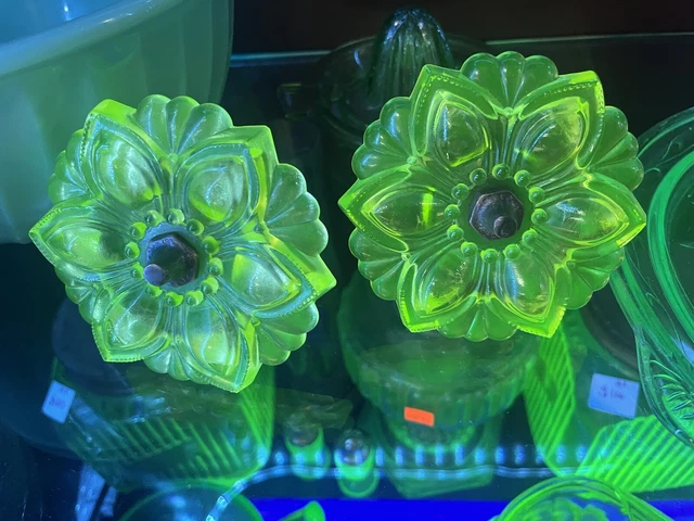 Pair of Uranium Green Vaseline Glass Flower Curtain Tie Backs 3 1/2" diameter