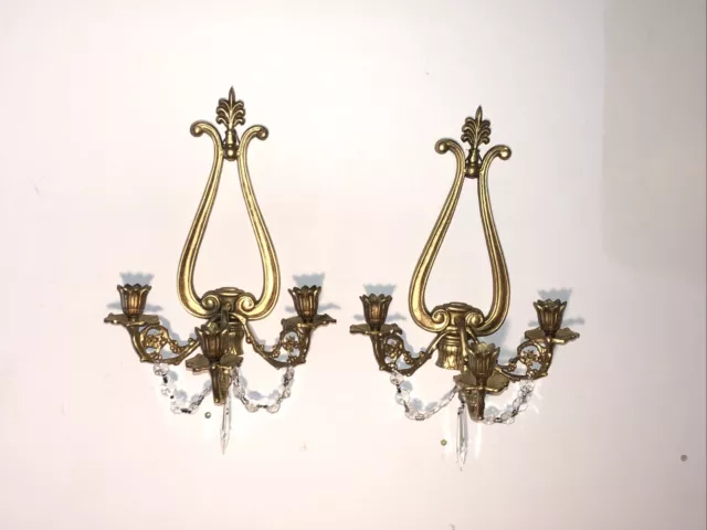 Set Floral Bronze Gold Wall 3 Arm Candle Holder Sconces Prisms Victorian French