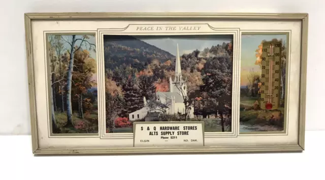 Vtg Advertising Scenic & Church w/Steeple Picture w/Thermometer Framed Picture