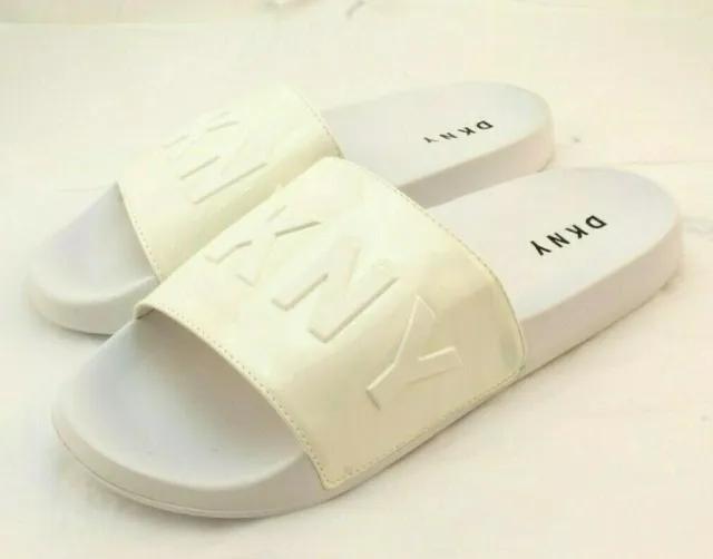 New DKNY Zinna Size 7.5 Slip-On Sand Patent White Women’s Slide Sandals MSRP $60