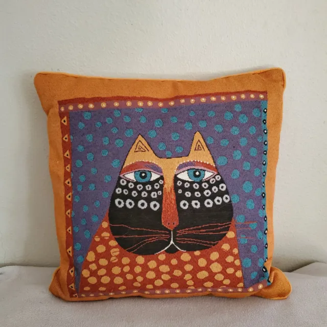 Laurel Burch Cat Face Square Accent Tapestry Pillow Designer Folk Art Rust