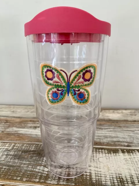 24 Oz Tervis Tumbler Clear W/Embroidered Butterfly Hot Pink Lid