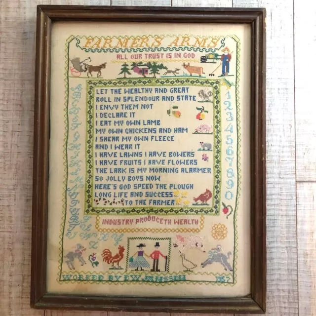 VTG 1957 Signed Sampler Framed under Glass The Farmers Arms Poem Cross Stitch