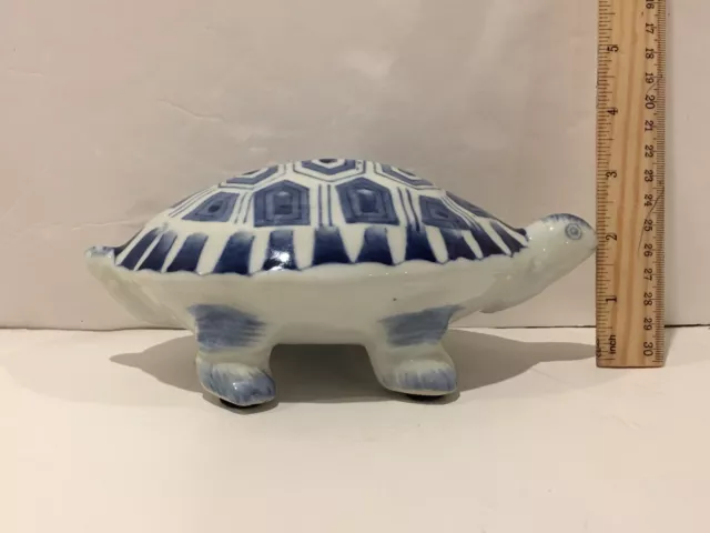 Vtg Chinese Blue & White Porcelain Tortoise  Figurine 8" Long, No Chips Or Crack