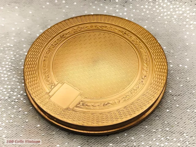 Elegant Guilloche Gold Tone-Vintage Ladies Powder Compact -CT