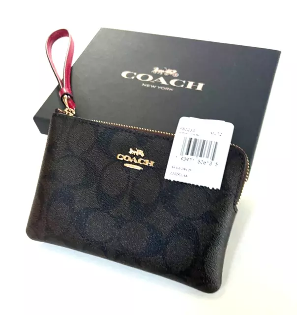 Coach Wristlet Brown Signature C Design 4 X 6. Zip Top W/Box Red Strap