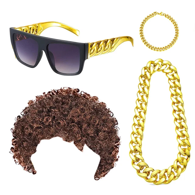 HIP HOP RAPPER Disco 60s 70s 80s 90s Party Accessories Gold Chain Wig