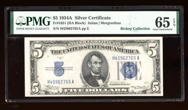 DBR 1934-A $5 Silver Gem Fr. 1651 HA Block PMG 65 EPQ Serial H45962765A