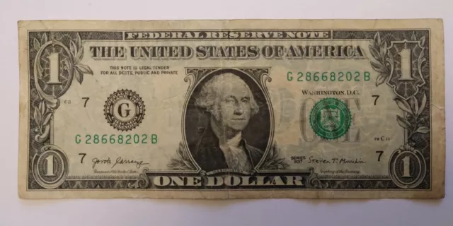 ERROR: Printing Wet Ink see through Transfer 2017 $1 Dollar Bill G28668202B