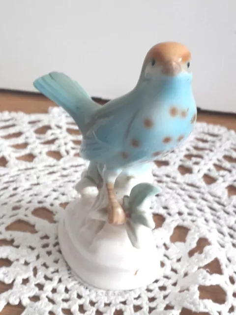 Vintage Porcelain Blue Bird Figurine with Brown Spots, Marked "Foreign"