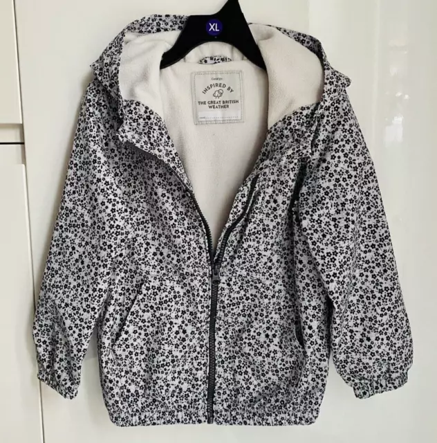 Grey Black Girls ditsy floral flower rain coat jacket hood fleece lined Age 5-6