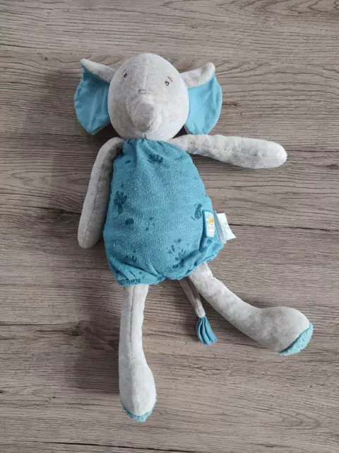 Moulin Roty Sous mon Baobab doudou poupée éléphant Bergamote bleu et gris 35cm