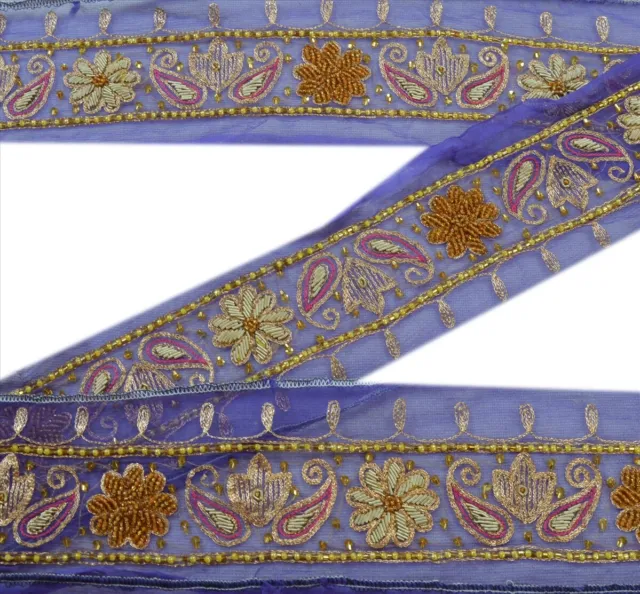 Sanskriti Vintage Sari Border Hand Beaded Craft 1 Yd Sewing Purple Trims Lace