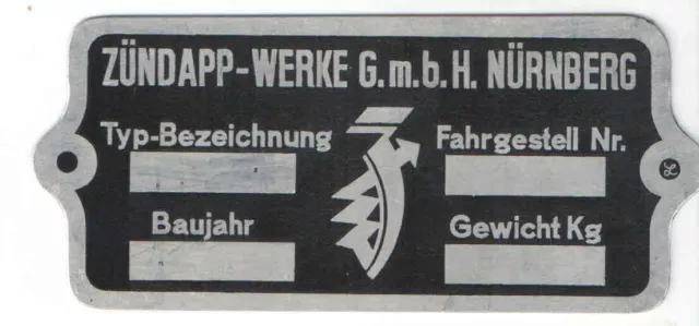 Zündapp Typenschild, Alu, Blanko, Neu, Motorrad, Oldtimer