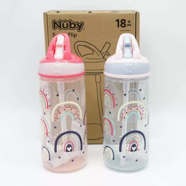 Nuby Super Flip Water Bottles Childrens Sippy Bottles 540ml 18m+ 2 Pack Pink New