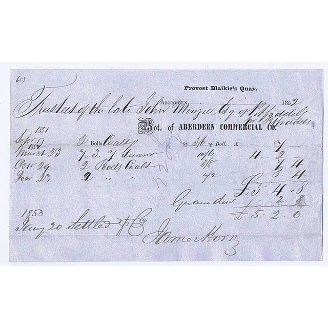 1852 Billhead Aberdeen Commercial Co, Provost Blaikie's Quay ABERDEEN