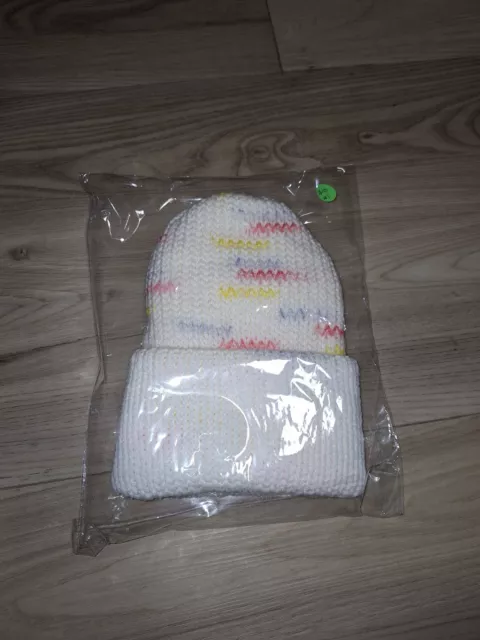 Hand made color white and speckle bright reversible knitted Beanie hat #1