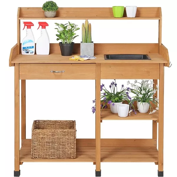 Potting Bench Garden Planting Bench Work Station with Shelf and Sink Drawer