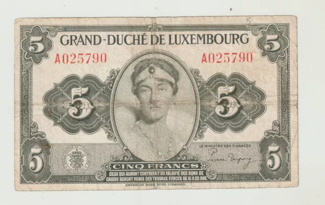 Billet, Grand Duché de Luxembourg - 5 Francs ND.(1944) Alphabet A025790