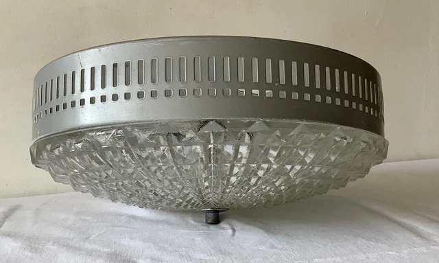 Ancien PLAFONNIER ou APPLIQUE Vintage en VERRE MOULÉ & METAL ARGENTÉ 15