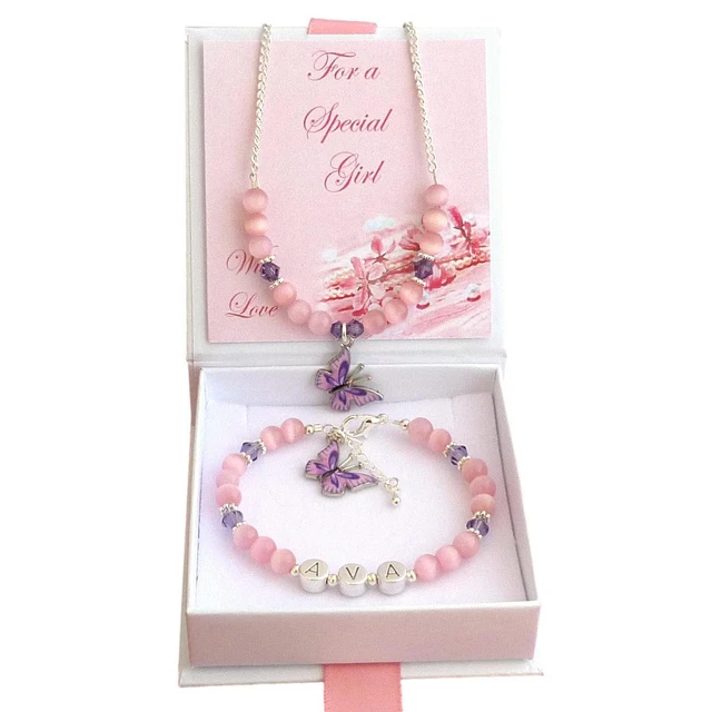 Beliebiger Name Schmetterling Schmuck Set für Mädchen, Halskette, Armband, rosa, lila