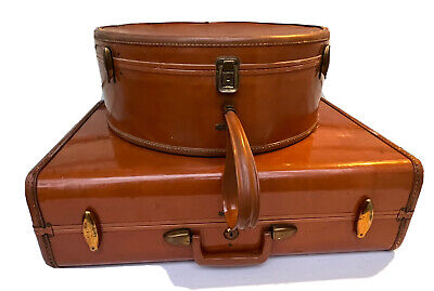 Vintage Samsonite Round Hat Wig  Box Train Suitcase & Matching Luggage Suitcase