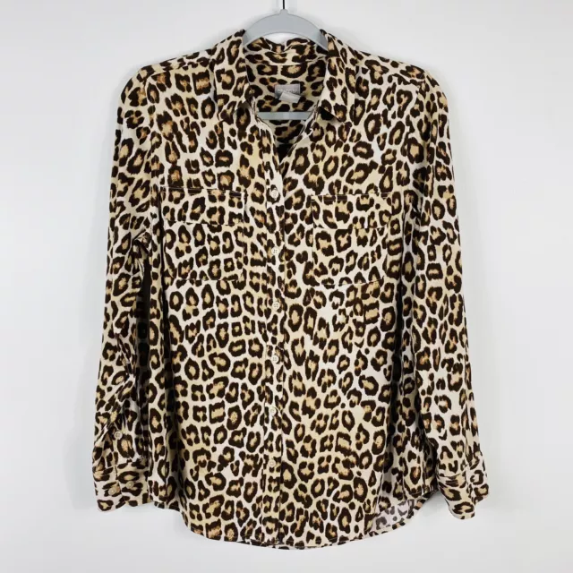 Chico's Size Small 4 6 0 Silky Soft Leopard Print Long Sleeve Shirt Top Brown