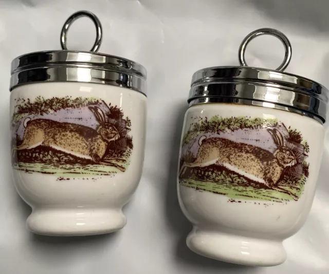 Pair Vintage Royal Worcester Porcelain Egg Coddler Rabbit & Grouse Game Series