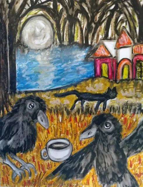 Crow Drinking Coffee Black Cat Haunted House Forest 8.5 x 11 Art Print KSAMS