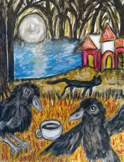 Crow Drinking Coffee Black Cat Haunted House Forest 8.5 x 11 Art Print KSAMS