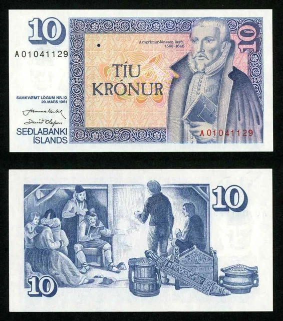 Sedlabanki Islands Iceland 29 March 1961 Ten Kronur Banknote P48a Uncirculated