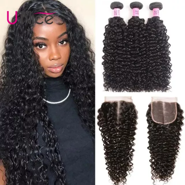 UNice Hair Peruvian Curly 100% Human Hair Extensions 3 Bundles With Lace Closure