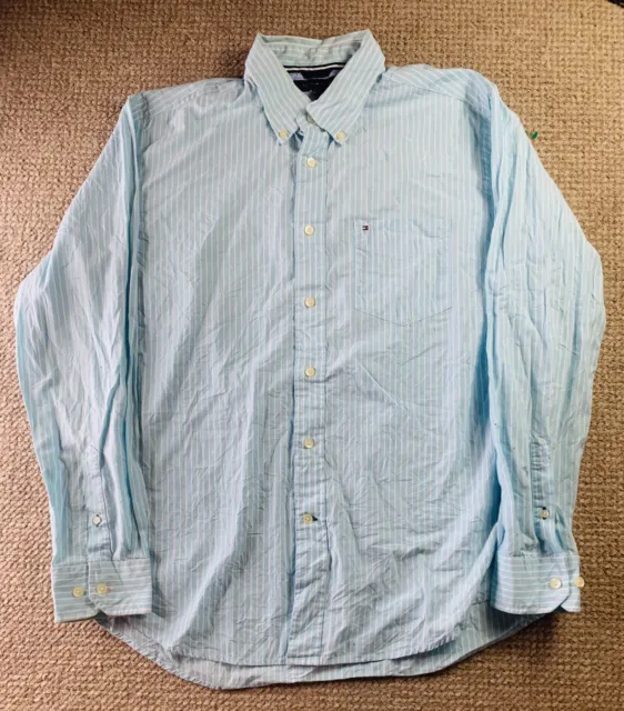 TOMMY HILFIGER Men’s Size L Long Sleeve Shirt Button Up Blue/White Logo Pocket