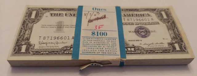 RARE 1957B $1 x 100 CONSECUTIVE SERIAL NUMBERS SILVER CERTIFICATE BEP BILL $100