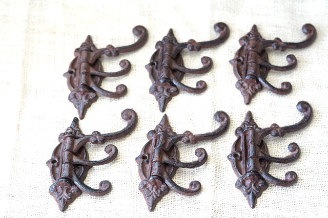 6 Cast Iron Antique Style SWIVEL Coat Hooks Hat Hook Rack Hall Tree Restoration