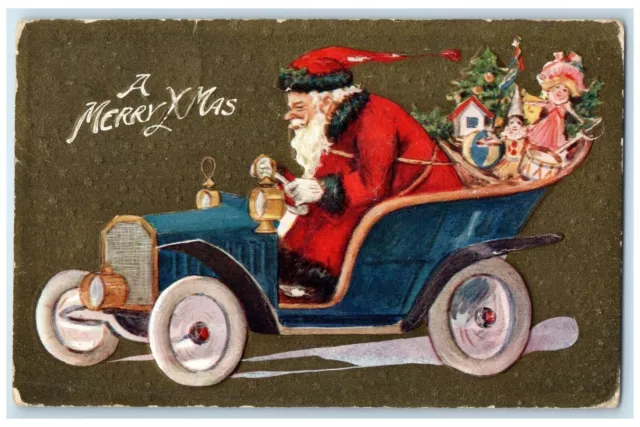 c1910's Christmas Santa Claus With Toys Driving Car Embossed Antique Postcard