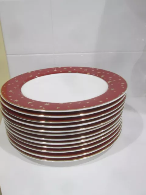 12 Sakura Galaxy Fine Porcelain Red Dinner Plate 14k Gold Trim And Star 10 5/8"