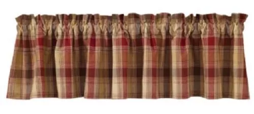 New Primitive Country HEARTHSIDE RED TAN BROWN PLAID VALANCE Curtain Topper