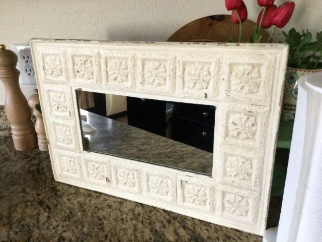 Vintage Style Painted Pressed Tin Mirror - Cream