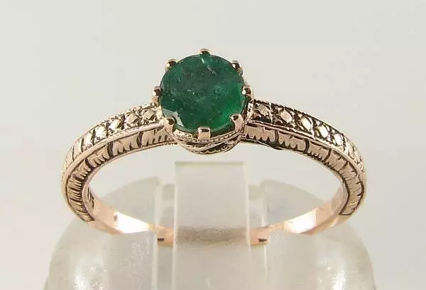 9K 9CT ROSE GOLD COLOMBIAN EMERALD SOLITAIRE 5mn 0.45ct ART DECO INS RING Size L