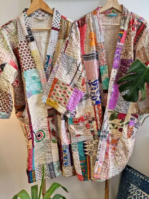 Silk patchwork handmade kantha jacket japanese kimono style kantha robe winter