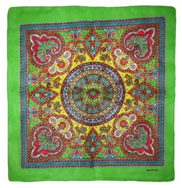22"x22" Ornate Paisley Mosaic Multi Color Green 100% Cotton Bandana