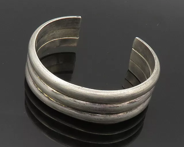 SOUTHWESTERN 925 Sterling Silver - Vintage Smooth Ribbed Cuff Bracelet - BT7293