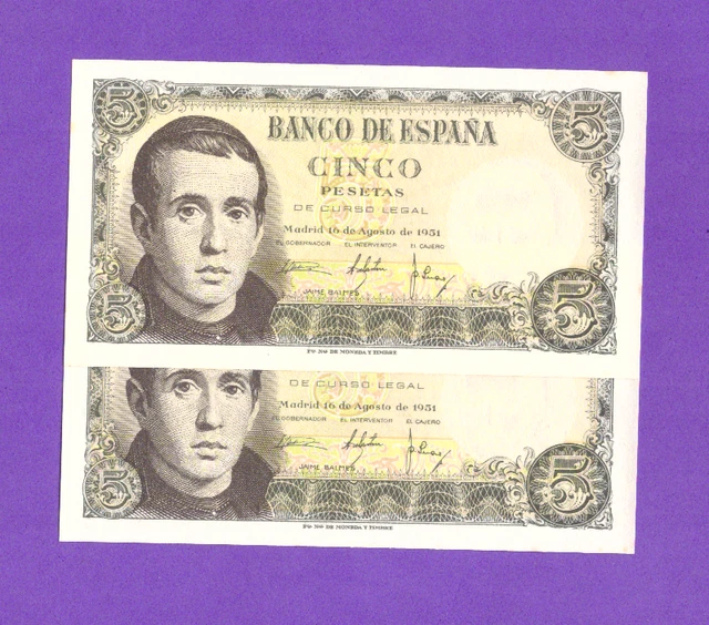 Spaiin-Banknote    Rare  Consecutive Pair  -  5   Pesetas  1951 -  Unc