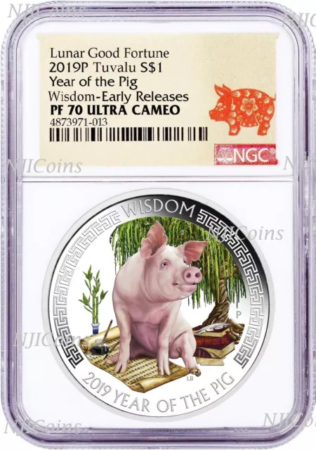 2019 P Tuvalu 1 Oz Silver Good Fortune Lunar Year PIG Wisdom $1 Coin NGC PF70 ER